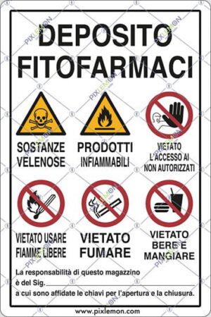 cartello cartello alluminio cm 70x50 DEPOSITO FITOFARMACI SOSTANZE VELENOSE PRODOTTI INFIAMMABILI VIETATO L’ACCESSO AI NON AUTORIZZATI VIETATO USARE FIAMME LIBERE VIETATO FUMARE VIETATO BERE E MANGIARE La responsabilità...