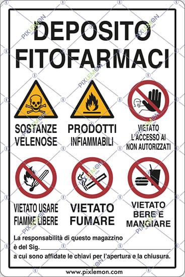 cartello cartello alluminio cm 70x50 DEPOSITO FITOFARMACI SOSTANZE VELENOSE PRODOTTI INFIAMMABILI VIETATO L’ACCESSO AI NON AUTORIZZATI VIETATO USARE FIAMME LIBERE VIETATO FUMARE VIETATO BERE E MANGIARE La responsabilità...