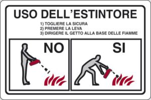 cartello USO DELL' ESTINTORE 1) TOGLIERE LA SICURA 2) PREMERE LA LEVA 3) DIRIGERE IL GETTO ALLA BASE DELLE FIAMME