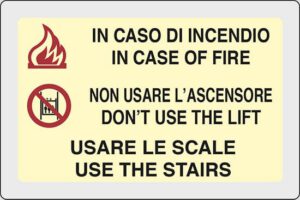 cartello IN CASO DI INCENDIO IN CASE OF FIRE NON USARE L’ASCENSORE DON’T USE THE LIFT USARE LE SCALE USE THE STAIRS