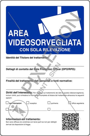 cartello AREA VIDEOSORVEGLIATA CON SOLA RILEVAZIONE (Linee guida n. 3/2019)