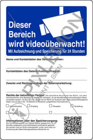 cartello Dieser Bereich wird videoüberwacht! Mit Aufzeichnung und Speicherung für 24 Stunden (Linee guida n. 3/2019)