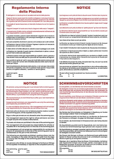 cartello Regolamento Interno della Piscina NOTICE NOTICE SCHWIMMBADVORSCHRIFTEN