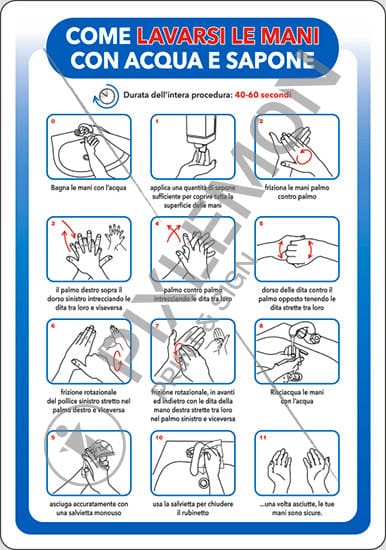 cartello COME LAVARSI LE MANI CON ACQUA E SAPONE