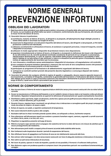 cartello NORME GENERALI PREVENZIONE INFORTUNI OBBLIGHI DEI LAVORATORI NORME DI COMPORTAMENTO