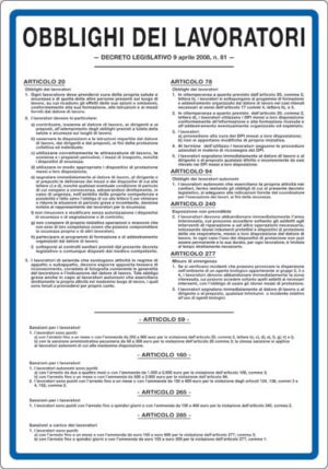 cartello OBBLIGHI DEI LAVORATORI DECRETO LEGISLATIVO 9 APRILE 2008, N. 81