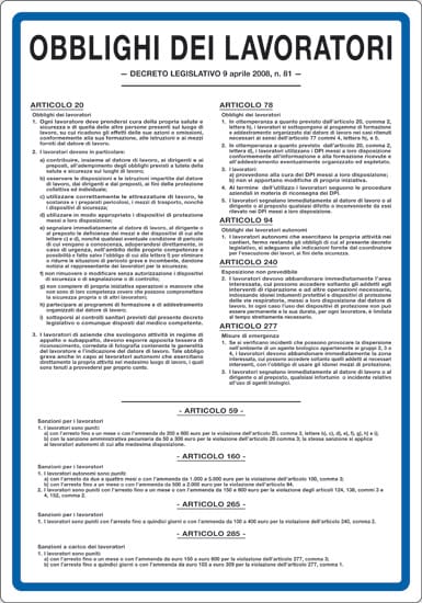 cartello OBBLIGHI DEI LAVORATORI DECRETO LEGISLATIVO 9 APRILE 2008, N. 81
