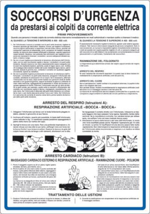 cartello SOCCORSI D'URGENZA da prestarsi ai colpiti da corrente elettrica