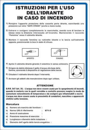 cartello ISTRUZIONI PER L'USO DELL'IDRANTE IN CASO DI INCENDIO