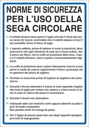 cartello NORME DI SICUREZZA PER L'USO DELLA SEGA CIRCOLARE