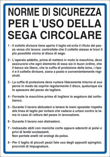 cartello NORME DI SICUREZZA PER L'USO DELLA SEGA CIRCOLARE