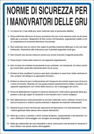 cartello NORME DI SICUREZZA PER I MANOVRATORI DELLE GRU
