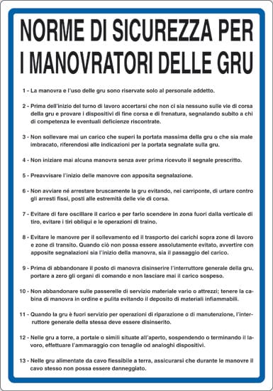cartello NORME DI SICUREZZA PER I MANOVRATORI DELLE GRU
