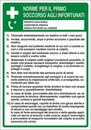cartello NORME PER IL PRIMO SOCCORSO AGLI INFORTUNATI