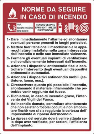 cartello NORME DA SEGUIRE IN CASO DI INCENDIO