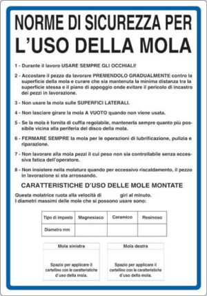 cartello NORME DI SICUREZZA PER L'USO DELLA MOLA