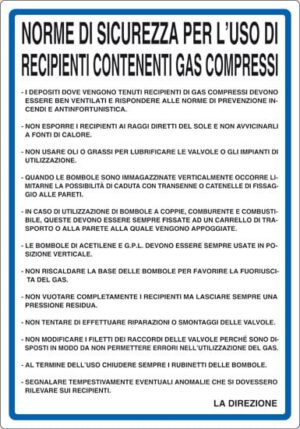 cartello NORME DI SICUREZZA PER L'USO DI RECIPIENTI CONTENENTI GAS COMPRESSI