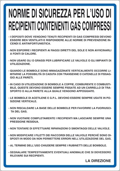 cartello NORME DI SICUREZZA PER L'USO DI RECIPIENTI CONTENENTI GAS COMPRESSI