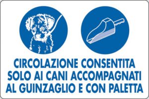 cartello CIRCOLAZIONE CONSENTITA SOLO AI CANI ACCOMPAGNATI CON GUINZAGLIO E PALETTA