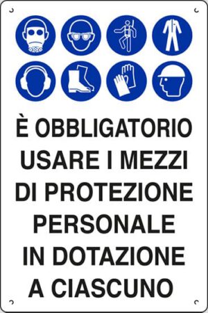 cartello polionda È OBBLIGATORIO USARE I MEZZI DI PROTEZIONE PERSONALE IN DOTAZIONE A CIASCUNO