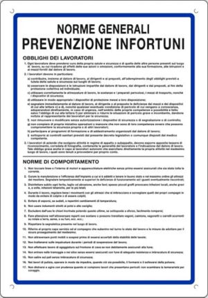 cartello polionda NORME GENERALI PREVENZIONE INFORTUNI OBBLIGHI DEI LAVORATORI NORME DI COMPORTAMENTO