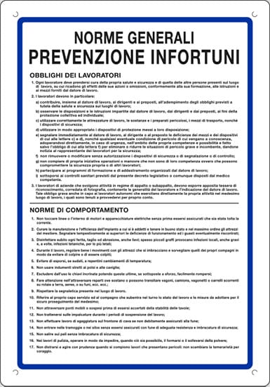cartello polionda NORME GENERALI PREVENZIONE INFORTUNI OBBLIGHI DEI LAVORATORI NORME DI COMPORTAMENTO