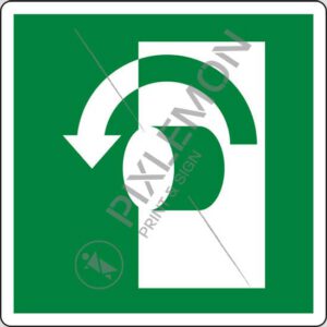 cartello (girare la maniglia in senso antiorario - turn anticlockwise to open)