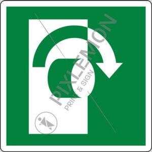 cartello (girare la maniglia in senso orario - turn clockwise to open)