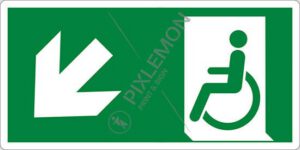 cartello (uscita di emergenza disabili in basso a sinistra - emergency exit for people unable to walk down and left)