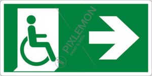 cartello (uscita di emergenza disabili a destra - emergency exit for people unable to walk right hand)