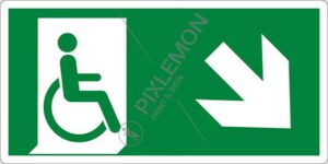 cartello (uscita di emergenza disabili in basso a destra - emergency exit for people unable to walk down and right)