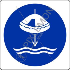 cartello (calare in acqua la zattera di salvataggio nella procedura di lancio in mare - lower liferaft to the water in launch sequence)