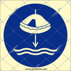 cartello (calare in acqua la zattera di salvataggio nella procedura di lancio in mare - lower liferaft to the water in launch sequence)