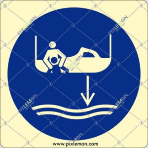 cartello (calare in acqua l'imbarcazione di salvataggio nella procedura di lancio in mare - lower rescue boat to the water in launch sequence)
