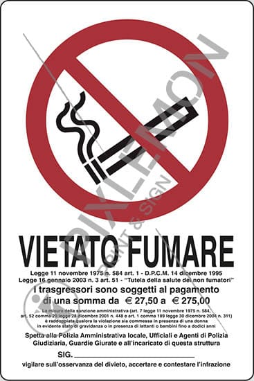 cartello VIETATO FUMARE Legge 11 novembre 1975 n. 584