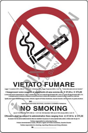 cartello VIETATO FUMARE (con legge, in italiano e inglese)