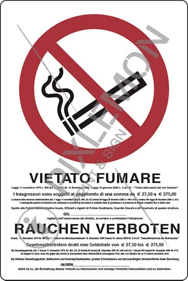 cartello VIETATO FUMARE (con legge, in italiano e tedesco)