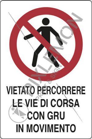 cartello VIETATO PERCORRERE LE VIE DI CORSA CON GRU IN MOVIMENTO