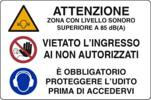 cartello ATTENZIONE ZONA CON LIVELLO SONORO SUPERIORE A 85 dB(A) VIETATO L'INGRESSO AI NON AUTORIZZATI