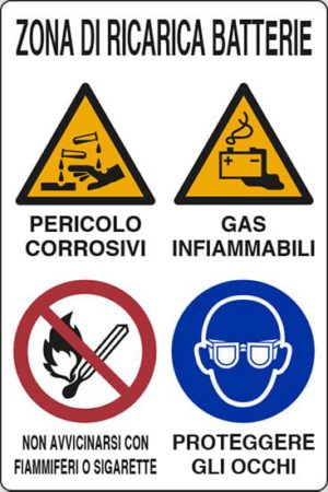 cartello ZONA DI RICARICA BATTERIE PERICOLO CORROSIVI GAS INFIAMMABILI NON AVVICINARSI CON FIAMMIFERI O SIGARETTE