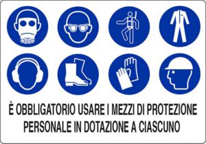 cartello E' OBBLIGATORIO USARE I MEZZI DI PROTEZIONE PERSONALE IN DOTAZIONE A CIASCUNO