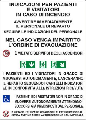 cartello INDICAZIONI PER PAZIENTI E VISITATORI IN CASO DI INCENDIO