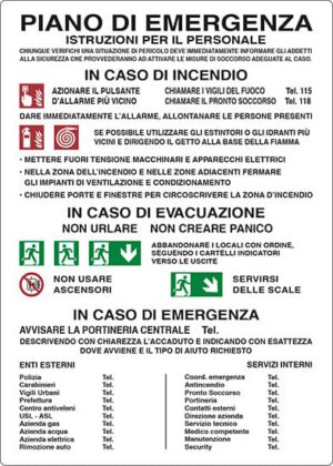 cartello PIANO DI EMERGENZA ISTRUZIONI PER IL PERSONALE