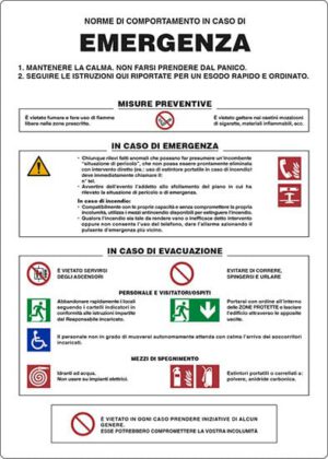 cartello NORME DI COMPORTAMENTO IN CASO DI EMERGENZA
