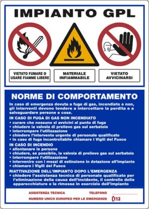 cartello ATTENZIONE IMPIANTO DI G.P.L NORME DI COMPORTAMENTO