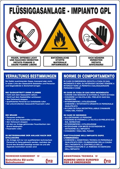 cartello FLUESSIGGASANLAGE - IMPIANTO GPL VERHALTUNGS BESTIMMUNGEN NORME DI COMPORTAMENTO