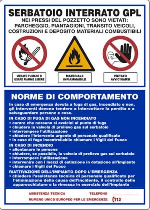 cartello ATTENZIONE SERBATOIO INTERRATO GPL NORME DI COMPORTAMENTO