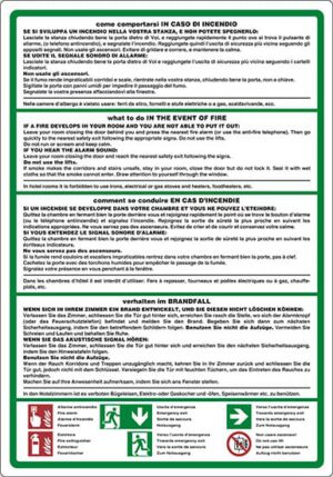 cartello come comportarsi IN CASO DI INCENDIO what to do IN THE EVENT OF FIRE comment se conduire EN CAS D'INCENDIE