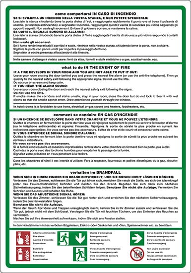 cartello come comportarsi IN CASO DI INCENDIO what to do IN THE EVENT OF FIRE comment se conduire EN CAS D'INCENDIE