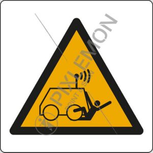 cartello (pericolo: rischio di essere investiti da veicoli comandati a distanza - warning: run over by remote operator controlled machine)